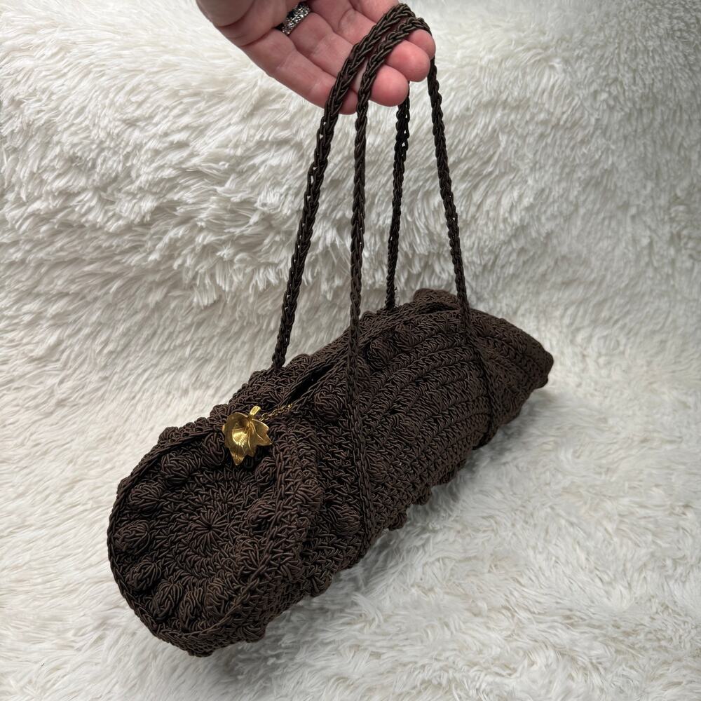 1940s Vintage Brown Cordé Crochet Handbag Gold Leaf Pull Double Handle 14” - Picture 3 of 16